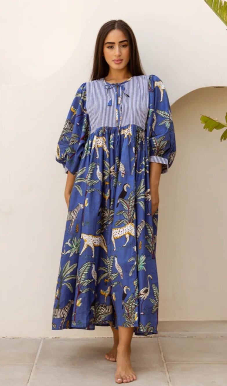 House of Sundar Tara Midi Dress Imperial Sapphire Safari Size M Block Print Blue